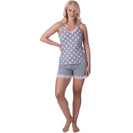 Camille 100% Cotton Sleeveless Spot Womens Pyjamas – Lightweight Strappy Top & Shorts for Women with Lace Detailing & Elasticated Waist – Cool & Comfortable Summer Ladies PJs Grey