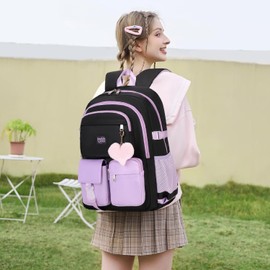 qodbopack 3PCS School Backpack For Student Women College Middle High Teen Girls Bookbag Waterproof Laptop Bag Black Purple