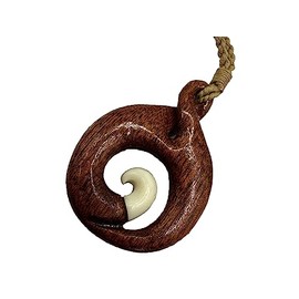 Hand Carved Natural Hawaii Koa Wood & Buffalo Bone Koru Spiral Wave In Symbol Of Eternity Pikorua Pendant Knotted w/Adjustable Brown Hemp Cord Necklace / Choker - Hawaiian / Polynesian Maori / New Zealand Style