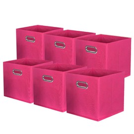 powerking Fabric Storage Box Bins, 6 Pack Foldable Cloth Storage Cube Organizer Drawer with Metal Handle For Closet And Toys Storage,Fuchsia
