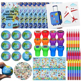 Cinrobiye 72 Pcs Adventure Coloring Book Bulk, Let the Adventure Begin Party Favors Goodie Bags Fillers,World Travel Birthday Party Supplies Face Stickers Tattoo Class Prizes for Bon Voyage Party