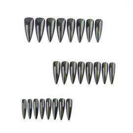 MouyouGlow Press on Nails Long Stiletto Cat Eye Dark Green Magnetic Fake Nails with Nail Glue, Green Phototherapy Artificial Fingernails