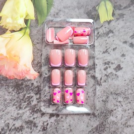 French Tip Press on Nails Short Square Fake Nails Valentine's Day Glue on Nails with Cute Love Heart Designs False Nails Glossy Light Pink Acrylic Nails Full Cover Valentines Nails Kit for Women 24Pcs