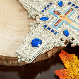 RZRHMUHN Orthodox Cross Gold Plated Jesus Icon Crucifix Double Face Bishop Pastor Handheld Cross For Church Home Decoration Religion Gift With Box (Silver)