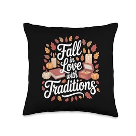 Fall in Love with Traditions Autumn Pumpkins Leaves Throw Pillow