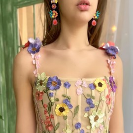 Clearine Colourful Flower Earrings for Women, Bling Rhinestones Marquise Teardrop Cluster Floral Dangle Earrings for Summer Holiday Multicoloured Gold Tone, Crystal