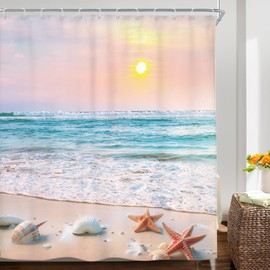 Riyidecor Beach Ocean Coastal Shower Curtain Seaside Sunset Scenery Hawaii Landscape Summer Beachy Waves Blue 72Wx72H Inch Seascape Neutral Fabric Decor Bathroom Polyester Waterproof 12 Pack Hooks