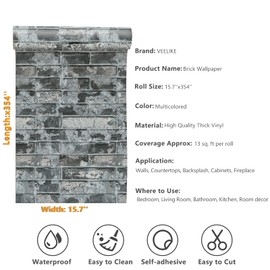 VEELIKE 15.7''x354'' Grey Brick Wallpaper Peel and Stick 3D Textured Faux Brick Wall Paper Waterproof Self Adhesive Removable Thick Brick Contact Paper for Walls Backsplash Kitchen Bedroom Fireplacesh