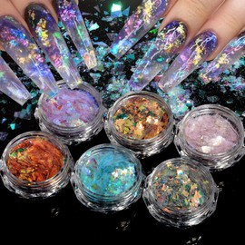 QIMYAR 6 Colors Mermaid Nail Art Glitter Flakes Colorful Mermaid Nail Flakes Glitter Nail Sequins Stickers for Nail Art Face Body Beauty Craft Decorations