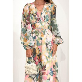 Maxigerui Women's Long Sleeve Boho Maxi Dress Floral Print Long Dress Green Floral M