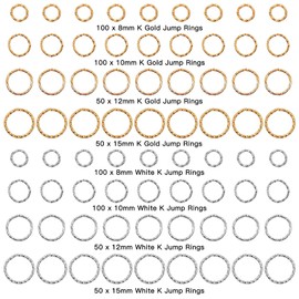 600Pcs Twist Open Jump Rings, 8/10/12/15mm O Rings Connectors Jewelry Findings Round Circle Large Jump Rings for Jewelry Making DIY Earrings Bracelet Necklace Keychain Pendants Crafts(K Gold,White K)