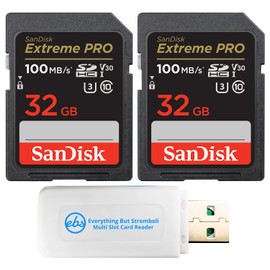 SanDisk 32GB SD Extreme Pro Memory Card (Two Pack) Works with Nikon D3500, D7500, D5600 Digital DSLR Camera (SDSDXXO-032G-GN4IN) Bundle with (1) Everything But Stromboli MicroSDXC & SD Card Reader