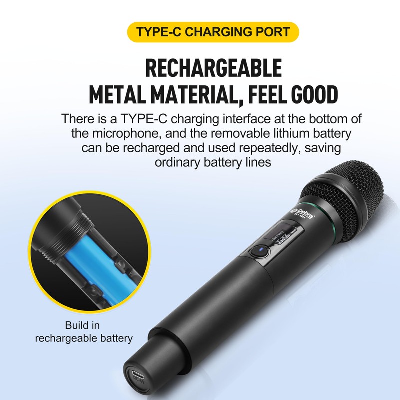 D Debra Wireless Microphone UHF Cordless Handheld Dynamic with Rechargeable
