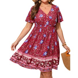 Women's Plus Size Summer Boho Casual Dress Short Sleeve V Neck Button Up Beach Floral Print Swing Flowy Sun Dresses Red