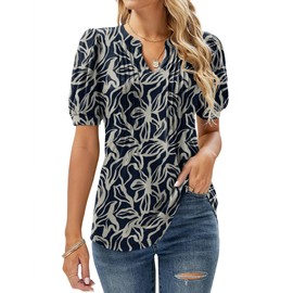 EFFAN Womens Tops Short Sleeve Summer T Shirts V Neck Elegant Floaty Floral Printed Tunic Blouse Floral_Navy S (UK 8-10)