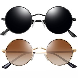 Joopin Hippie Round Sunglasses Metal Circle Sun Glasses Polarized UV Protection 2 Pack Vintage Shades for Women Men Costume (Black + Brown)