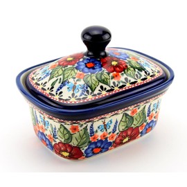 Polish Pottery Market Butter Dish with Lid, 5.75" L x 4" W x 3" H, Capacity: 14 Oz., Butter Container Keeper Storage, Handmade by Zaklady Boleslawiec Poland, Ceramic Butter Dish with Knob Handle