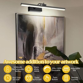 4 Pack Battery Picture Lights, 5200mAh Rechargeable Picture Lights with Remote Timer & Dimmable, CRI95+ 16" Adjustable Art Light for Paintings Display, Frame, Gallery, Wall Art Accent Light, Black