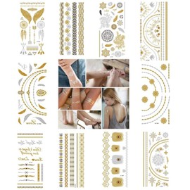 FEIFEI'S BOW 10 Sheets Women Men Gold Fashion Metallic Temporary Tattoos Waterproof Stickers Festival Fake Jewelry Tattoos Body Art (Set01)