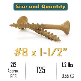 WELLOCKS Deck Screws, Wood Screws, Tan, Superior Rust Resistant, Epoxy Coated, Above 1000 Hour Salt Spray Coating T25 Torx Star Bit Included for Outdoor Wood Fence (1.2LBS Tan, #8×1-1/2")