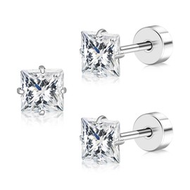 Flat Back Earrings Women, Clear Cubic Zirconia Studs Flatback, Square CZ Screw Back Stud, Titanium Earring for Multiple Piercings, 4mm/5mm Stone Options (Clear Squaer CZ-4MM)