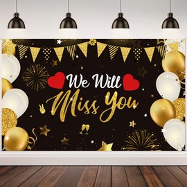 We Will Miss You Party Decorations, Extra Large Black Gold Going Away Party Backdrop Miss You Photography Background Banner for Farewell Anniversary Retirement Graduation Party, 72.8 x 43.3 Inch