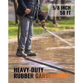WILAWELS 50FT x 5/8" Garden Hose, Heavy Duty Rubber Garden Water Hose, 300 PSI Working, 1000 PSI Burst, Swivel Handle with Stainless Steel Ring, 5-Layer Braided, All-Weather Outdoor Use, BG50GH06