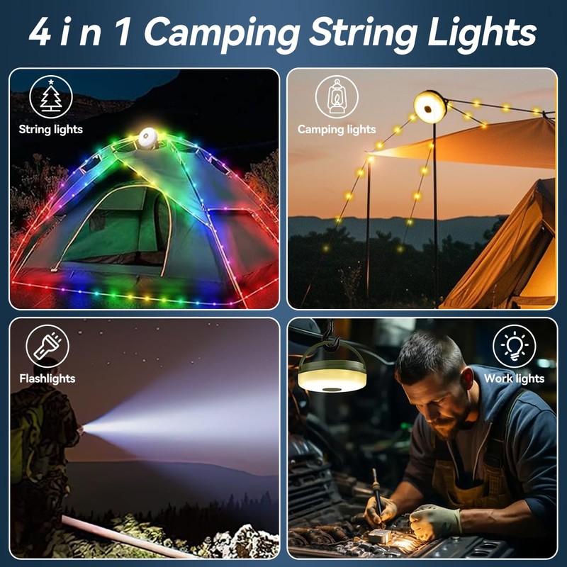 LEDLAY 33FT Camping String Lights, Rechargeable String Lights with 8