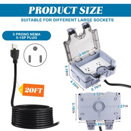 Kanayu Outdoor Outlet Box with 20ft Extension Cord, Dual 15 AMP 5-15 Receptacles Weatherproof Waterproof IP66 Outdoor Exterior Socket with Cover, 14 AWG/3C SJTW Cord