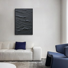 NANKAI Hand-Painted Thick Texture Black Minimalist Oil Painting Modern Abstract Art Oil Painting Home Office Wall Decoration Art 36x24 inch (with Solid Wood Exterior Frame)