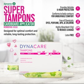 Dynarex Super Tampons – Bulk Feminine Hygiene Product with Cardboard Applicator – 7 Hour Protection – 9 Boxes, 225 Total Tampons