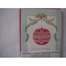 Kate Spain Days of Christmas Blue and White Cards with Mistletoe and Holly "Season's Greetings" (2 Sets of 6 Cards with Red Envelopes, Total of 12 Cards and Envelopes)