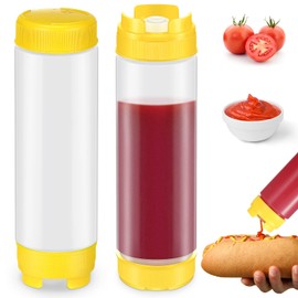 Didaey 2 Pcs 20 oz Inverted Plastic Squeeze Bottles, Refillable Tip Large Valve Dispenser Condiment Squeeze Bottle for Sauces Ketchup Sour Cream Self Sealing Syrup Dispenser for Restaurants (Yellow)
