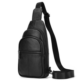 SAIION Genuine Leather Sling Bag Multi-pocket Chest Bag for Men Hiking Travel Daypack, 9342 Black, Small
