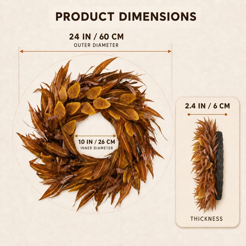 24Inch Artificial Fall Wreath for Front Door Decor Money Leaf