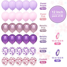 Pink and Purple Balloons, Ousuga 60 pcs 12 Inch Pastel Metallic Pink Purple Confetti Latex Balloons Set for Girls Women Birthday Baby Bridal Shower Wedding Anniversary Engagement Party Decoration