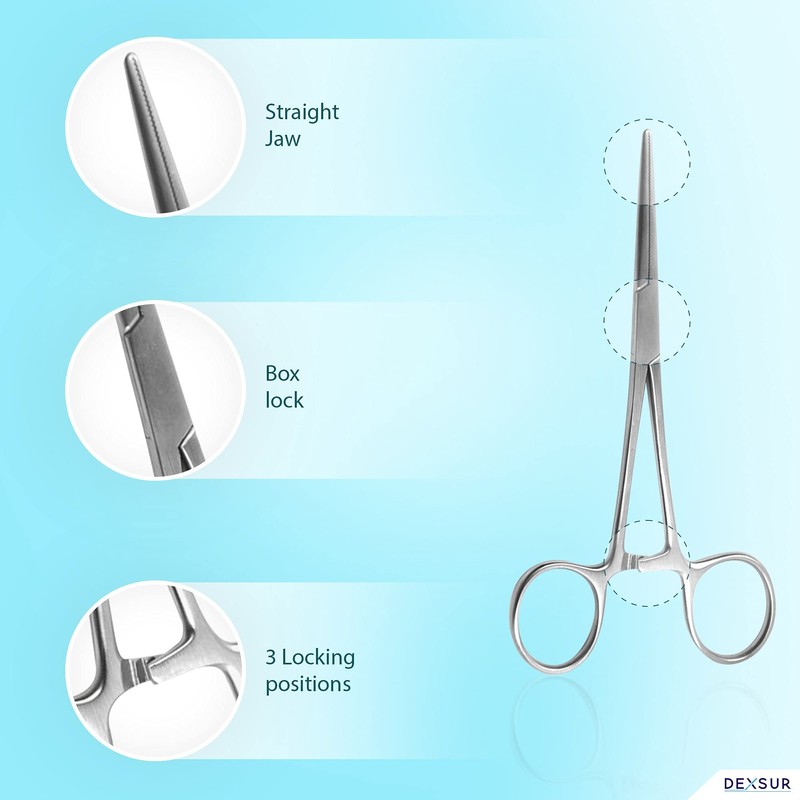 DEXSUR Precision Kelly Hemostat Forceps Locking Tweezers Clamp, Silver, Straight