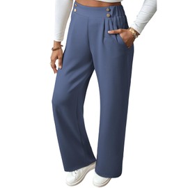 EVALESS Work Pants for Women Wide Leg High Waisted Stretchy Dressy Casual Trousers Trendy Fall Comfy Office Elastic Waist Pleated Pants with Pockets Womens Clothes Slacks Blue Medium