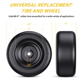 Lawn Mower Tires 11x6.00-5 (2-Pack), Flat Free Solid Smooth Tread, Front Tire Assembly Replacement, Universal Fit for Commercial/Residential Mowers with Adapter Kit, 3/4" Bushing (Black)