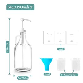 VEGEVIGI Glass Laundry Detergent Dispenser with Pump, 64OZ Liquid Laundry Soap Dispenser, Fabric Softener Dispenser Bottle for Laundry Room Organization and Storage, 2 Pack