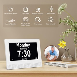 SENXINGYAN Digital Calendar Alarm Clock, 7 Inch HD Large Screen Display Alarm Clock, Multiple Clock Modes, Senior Clock with Date and Day of the Week, Automatically Dimmable for Seniors, Adults and