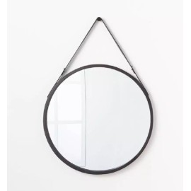 THRESHOLD W/ STUDIO MCGREE 26" WOOD MIRROW W/ PLEATHER STRAP HANGER, BLACK *NEW