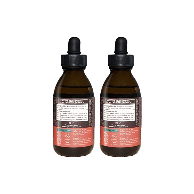 Monk Fruit Orgánico Líquido, 120 ml, Duopack, Rinde 1400 tazas,