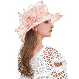 Z&X Organza Church Fascinator Wedding Tea Party Derby Hats for Women Flower Wide Brim Sun Hat Peach Pink