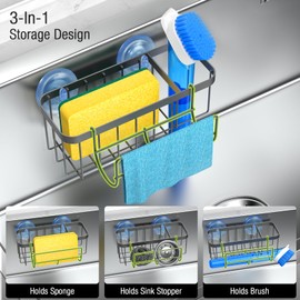 HOKEMOM Organizador de fregadero de cocina con soporte de esponja y ganchos multifuncionales, doble ventosa (soporte de 18 libras), acero inoxidable gris de 2.0 mm a prueba de óxido, organizador
