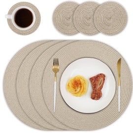 Homcomodar Round Table Place Mats and Coasters Set of 4 Heat Resistant Round Placemats Washable Dining Table Mats for Kitchen Dinner(Khaki)