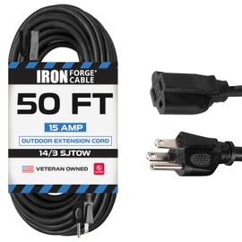 IRON FORGE CABLE Outdoor Extension Cord 50 ft - 14 Gauge 15 Amp Heavy Duty Power Extension Cords - SJTOW - Oil Resistant - Black -Great for Major Appliances, Farms & Ranches