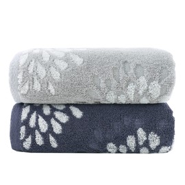 Pidada Hand Towels Set of 2 Hydrangea Floral Pattern 100% Cotton Absorbent Soft Decorative Towel for Bathroom (Light Grey & Denim Blue)