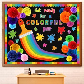 Qilery Get Ready for a Colorful Year Bulletin Board Set Welcome Back to School Classroom Decoration 3D Colorful Paint Bulletin Board with Paper Fans Flowers for Offices Door Chalkboard Wall Supplies