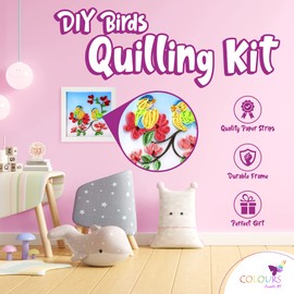 Colours Crafts Complete Quilling Kit - Quilling Materials with Wooden Frame, Template, Printed Background, Ruler, Quilling Tool, Paper Strips, Glue, Guide - DIY Crafts for Adults & Kids - Birds